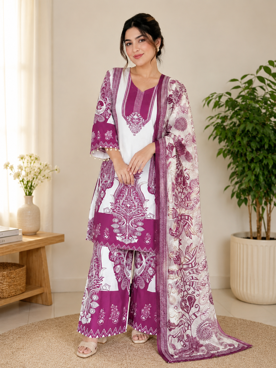 Elegant White & Magenta Printed Kurti Palazzo Set with Dupatta for Women