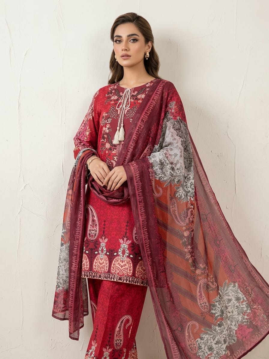Elegant Maroon Printed Three Piece for Women