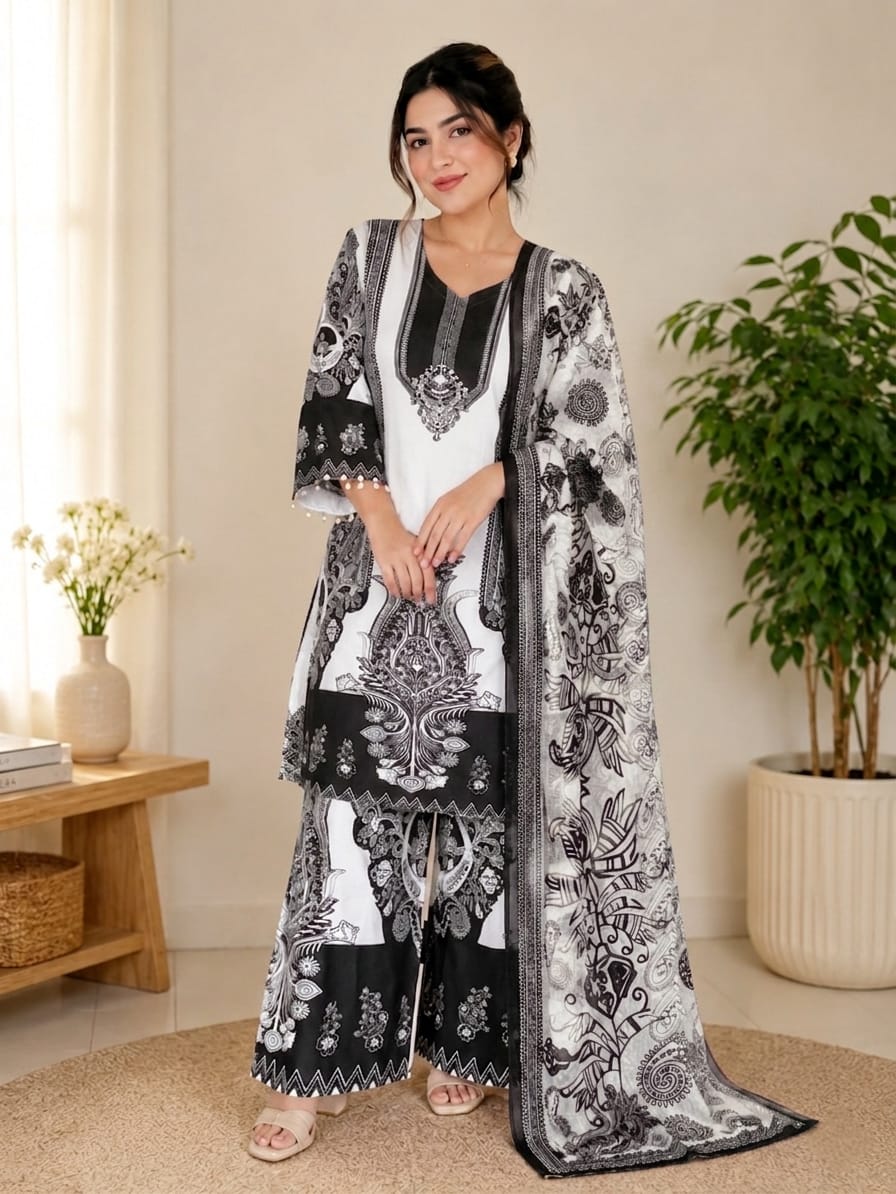 Elegant White & BLACK Printed Kurti Palazzo Set with Dupatta for Women