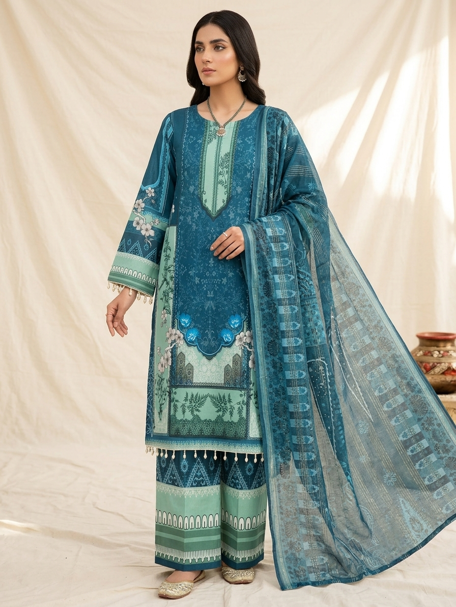 Premium Teal Blue Digital Printed  Three-Piece Suit for Women
