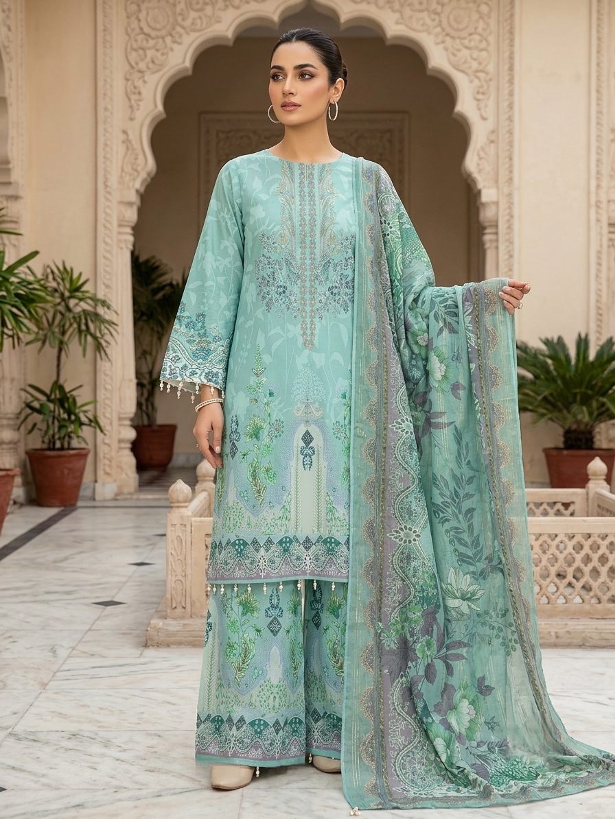 Pastel Mint Green Digital Printed  3-Piece Salwar Kameez