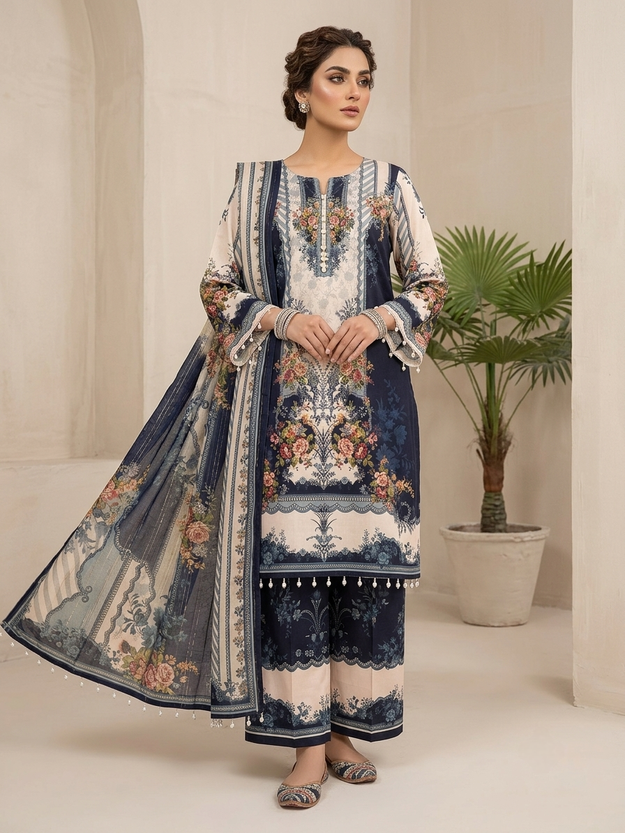 Exclusive Navy Blue Dubai Silk Digital Printed Three-Piece Suit for Women