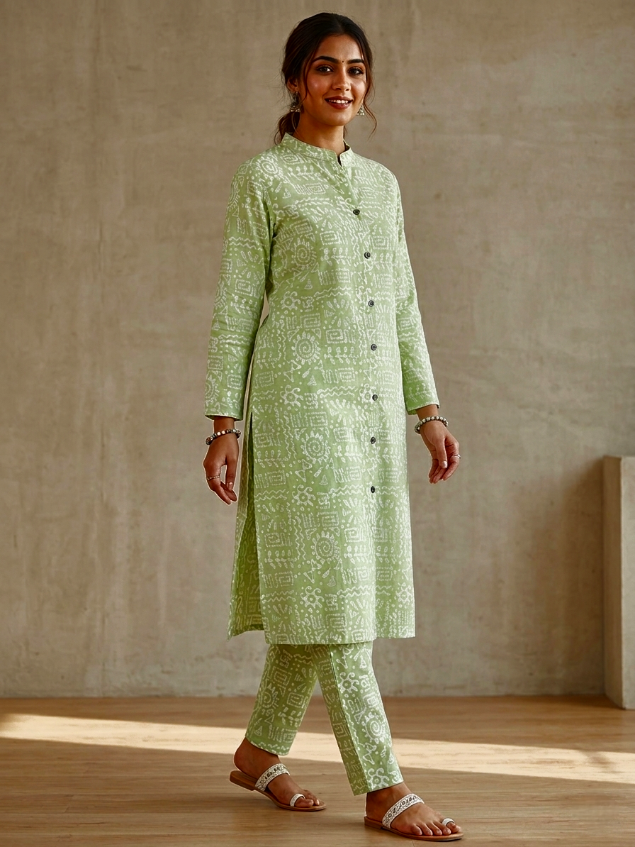 Exclusive Aarong Cotton Two-Piece Kurti & Pant Set - Pastel Green)